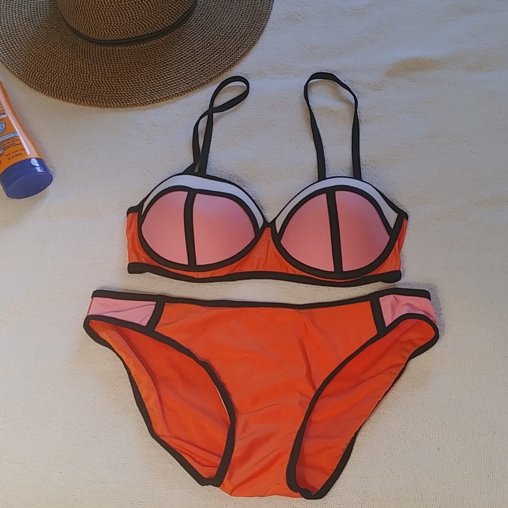 NWOT Pink & Orange Color Block Bikini - Picture 1 of 7